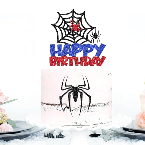 KOBOKO Spider Tortendeko Geburtstag, Spinnennetz Cake Topper Geburtstag, Glitzer Happy Birthday Tortendeko Schwarz Rot Blau, Spinne Happy Birthday Cake Topper, Spidey Kuchendeko für Kindergeburtstag