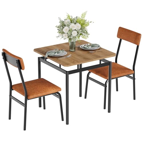 Garvee 3 Piece Dining Table Set, Kitchen Table Set for 2 with 2 PU Upholstered Chair, Industrial Metal Frame Dinette Set for Small Space, Dining Room, Apartment, Studio, Brown Brown 2 Chairs