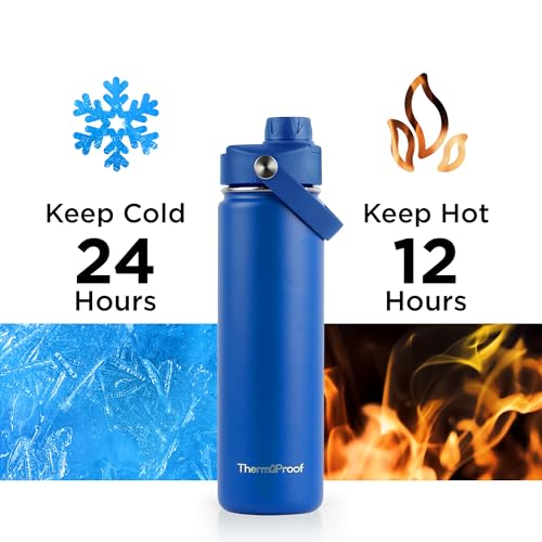 Image of ThermoProof Double-Walled Vacuum Insulated Stainless Steel Water Bottle - Wide Mouth with Chug & Spout Lids, Dishwasher Safe, Reusable, Leakproof, Hot & Cold for Men, Women & Kids - 22oz, Blue