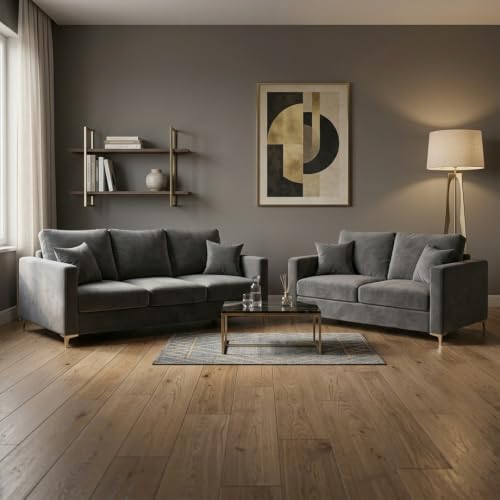 Image of Hayes Rich Velvet Suede 3 Seater + 2 Seater Sofa | Golden Aesthetic Legs | 6 Person Seating Capacity | Spacious Soft Touch Comfort | Modern Living Room Sofa (Dark Gray)