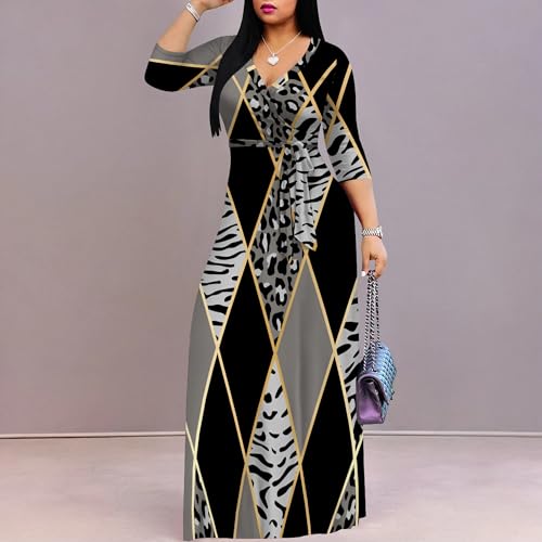 Image of PinkPatty Women's Print Maxi Dresses 3 /4 Sleeve Flowy Long Dress V Neck Wrap Tie Waist Sundress