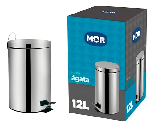 Mor - Lixeira Inox 12 Litros com Pedal Emborrachado – Balde Interno Removível com Alça para Transporte, Base Antiderrapante, Ideal para Cozinha, Banheiro e Escritório.