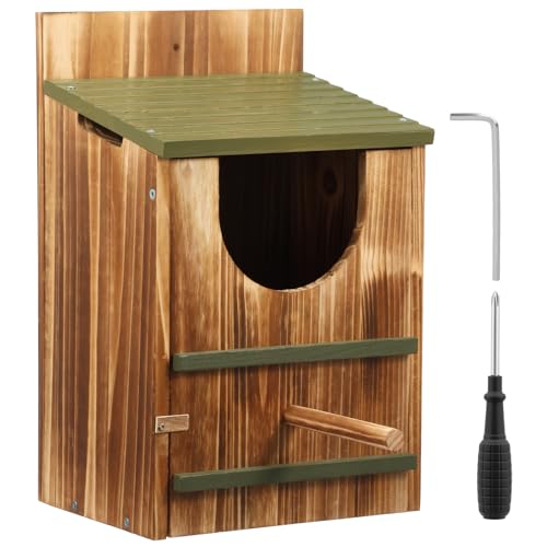 Carbonized Cedar Owl House 9.02x7.48x14.57 Inch Weather Resistant Outdoor Owl Nesting Box with Natural Shaving, Quick Assembly Bird House for Wildlife Lovers