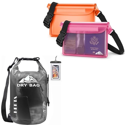 HEETA Waterproof Dry Bag for Women Men (Transparent Black 5L) Bundled with 2-Pack Waterproof Pouch with Waist Strap (Orange & Pink)