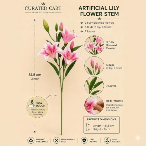 Image of CURATED CART 2 Pcs Lily Artificial Flowers Bunch for Home Decoration - Big Lilys Bouquet for Home Decor - Real Touch Faux Latex Long Stem - Includes 6 Lily Flowers and 10 Half Bloom Buds-Pink Colour