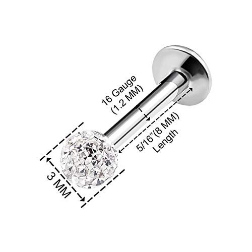 2Pcs Stainless Steel Labret Lip Rings 16 Gauge 5/16 8Mm 3Mm Clear Crystal Ball Tragus Earrings Auricle Piercing Jewelry 2112 #TOP1