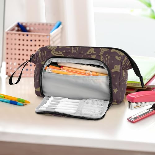 Image of Western Cowboy Dark Brown Pencil Case Pouch Big Capacity Pencil Bag Box Organizer Pen Case with Zipper Pencil Boxes for Girls Boys Adults Women School Office
