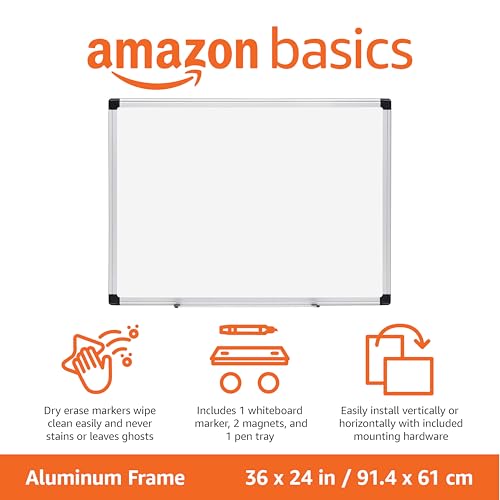 amazon basics magnetic dry erase whiteboard 3634w x 2434h aluminum frame silverwhite