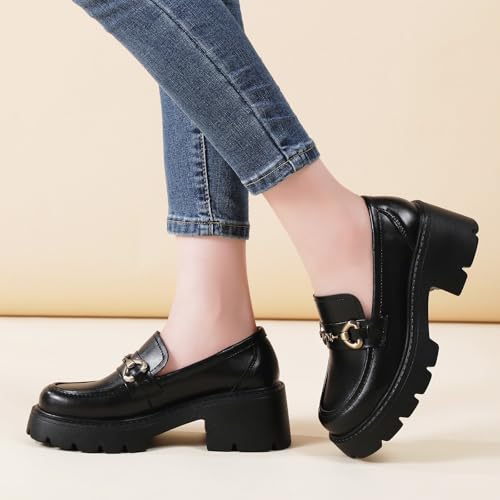 Image of Chunky Loafers Women Shoes Platform Loafers Womens Loafer Heel | Comfortable Penny Lightweight Metal Buckle Work Office Dress Business Casual Formal Ladies Women's Slip-Ons