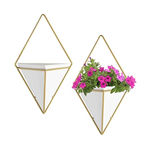 Royal Imports Vaso de flores pendurado na parede vaso de cerâmica suculenta, branco com decoração de parede geométrica de metal dourado, conjunto de 2