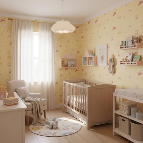 Image of Yellow Kids & Circle Textured Kids Room Wallpaper | Peel & Stick Self Adhesive | Waterproof Removable PVC Vinyl | Baby Boy Room Decoration 16 x 240 Inch