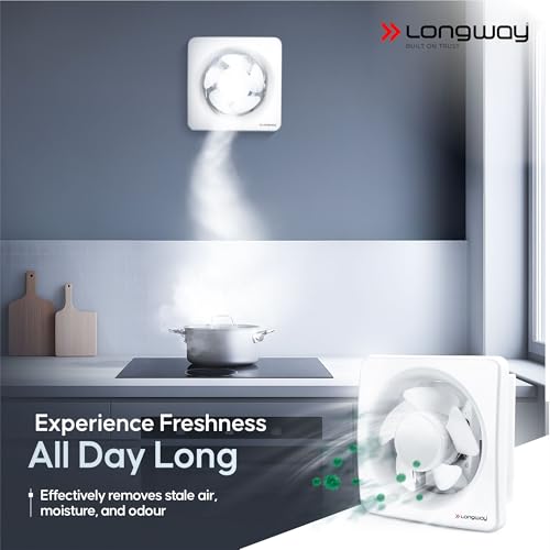 Image of LONGWAY Ventura 8 Inch 200 mm Energy Efficient Exhaust Fan | High Speed Powerful Motor | Noiseless Operation with Anti Dust Shutters |Suitable for Bathroom, Kitchen, Office | 2 Years Warranty (White)