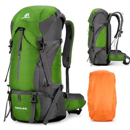 ShowyLive 70L Large Lightweight Waterproof Packable Foldable Travel Camping Hiking Outdoor Sports Backpack Daypack for Men Women, 900D Hiking Bag with Rain Cover, Grass Green