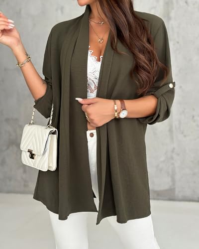 Womens Chiffon Open Front Cardigan Coat Lightweight Roll Sleeve Blazer Casual Work Office Daily Outerwear3