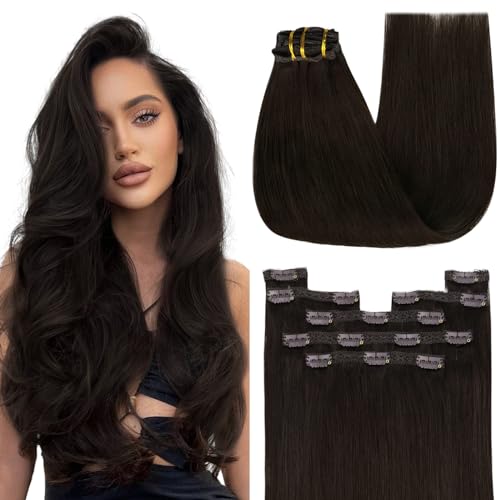 YoungSee Clip in Human Hair Extensions Brown 18inch 120g Remy Human Hair Clip in Extensions Dark Brown Clip in Hair Extension Brown for Wedding Reusable 7 Separate Pieces
