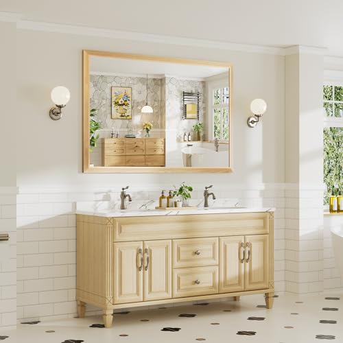 Image of 60x40 Inch Bathroom Mirror for Wall, Anti-Rust Oak Wood Grain Metal Framed Bathroom Mirrors for Over Sink,Rectangler Mirrors for Bathroom Vanity, Farmhouse, Bedroom, Living Room, Entryway Decor