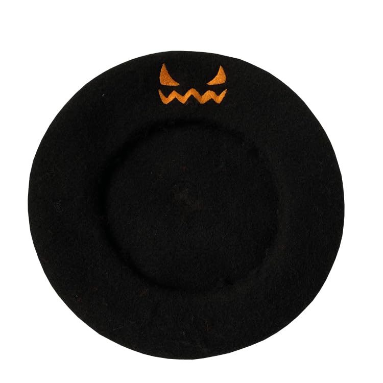 Halloween Wool Beret Hat, Pumpkin French Artist Beret Lantern Cute Beret Costume Party Tam for Girls Women (Black)
