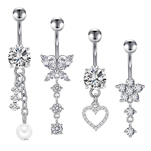 Crdifu 4pcs Barra navel 10mm Plata 14G Anillo de ombligo Acero quirurgico Mariposa Corazón con colgante Piercing Vientre Joyería