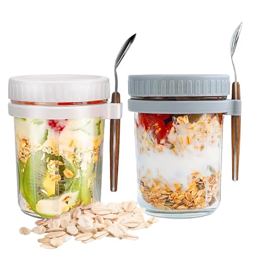 2 Piezas Tarros de Cristal con Tapa y Cuchara 350ml Overnight Oats Jar Tarros de Avena Portátil Mason Jars Tarros de Yogur con Medidor para Cereales Leche Fruta