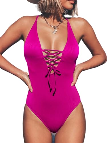 CUPSHE Women's Solid Color V Neck Lace Up One Piece Swimsuit