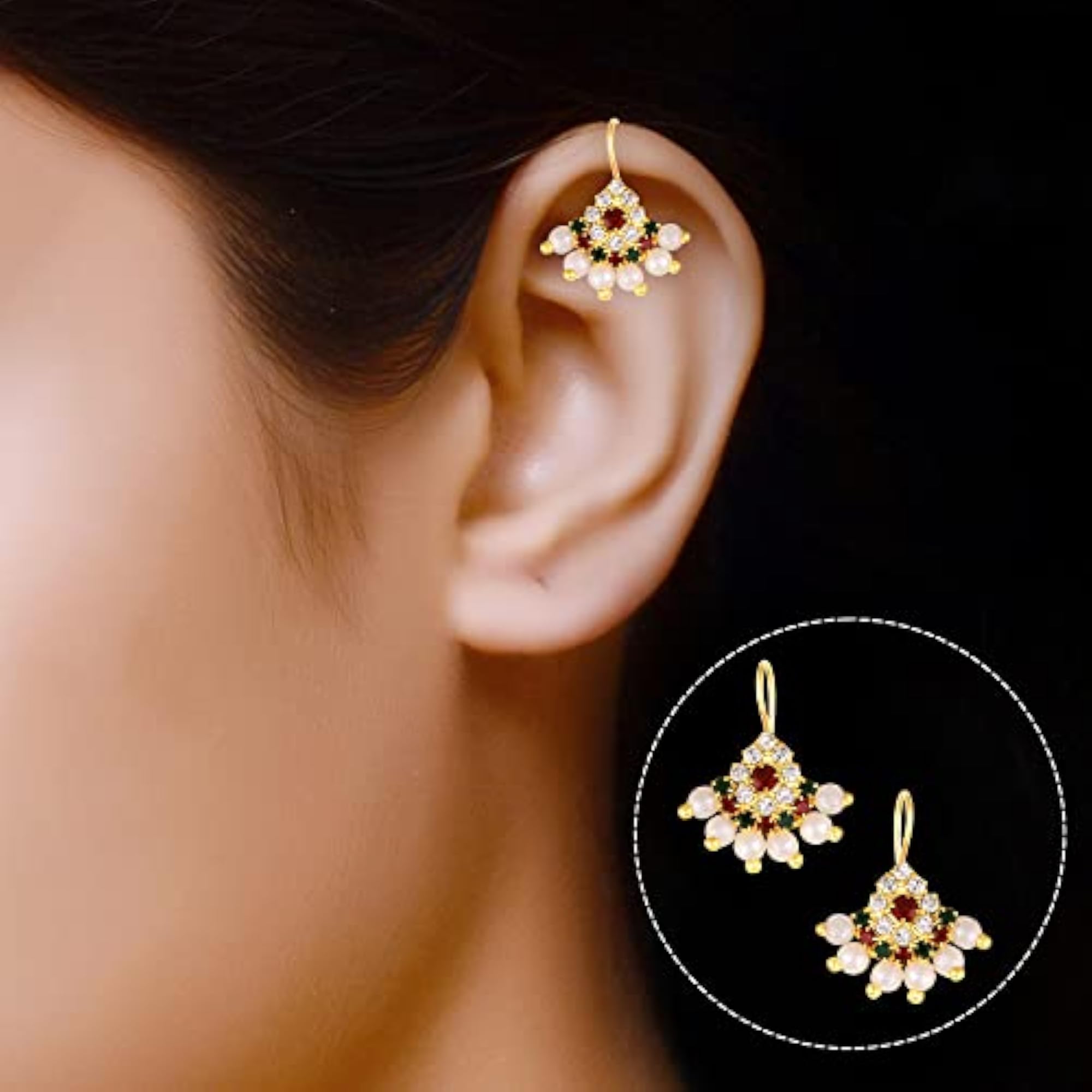 Maharastrian Bugadi Gold Plated Earrings with Artificial Stones