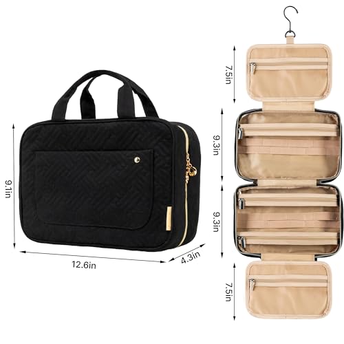 Carrywell |Not Made In China| Hanging Toiletry Travel Bag For Women, Makeup Organizer Case, Water-Resistant Cosmetic Bag For Full-size Containers, Toiletries (Black, Large)2
