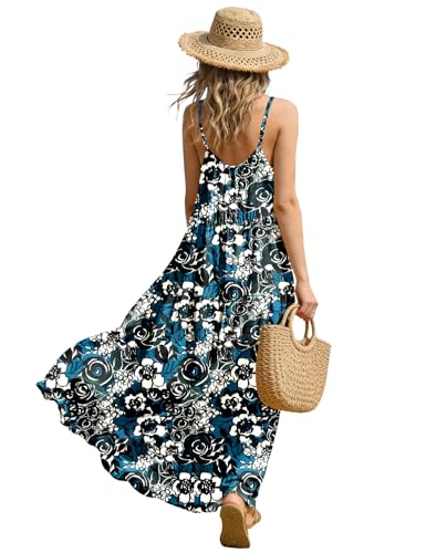 Image of YESNO Summer Bohemian Floral Dresses for Women Spaghetti Straps Maxi Dress Casual Flowy Dresses with Pockets ES0