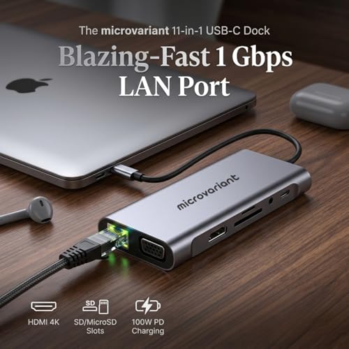 Image of Cport 11-in-1 TypeC Docking Station, Aluminum Type C Adapter with 4K Hdmi, Vga, 1GBPS Ethernet Rj45, 4X USB 3.0, USB-C Power Delivery, 3.5Mm Audio, Tf /Sd Card Reader for Mac /Pc /Laptop