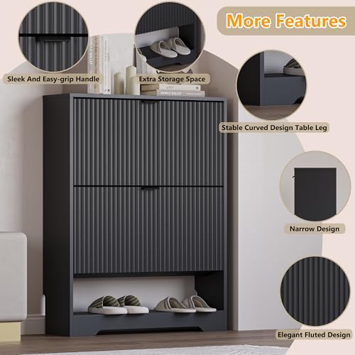 Image of BORNOON Shoe Cabinet with 2 Flip Drawers, Fluted Shoe Storage Cabinet with Adjustable Shelves, Freestanding Rack and Organizer for Entryway, Closet, Hallway