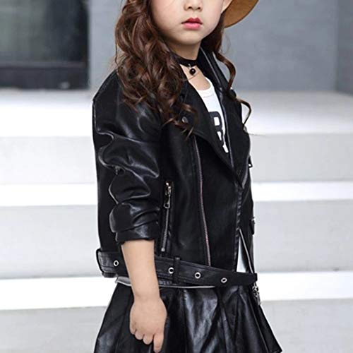 Lingery Little Girl Leather Jacket Children's Jacket Girl Boy Motorcycle Kid Outwear Solid Color Zipper Coat Leather Windbreaker M529 Black, 6-7 Years