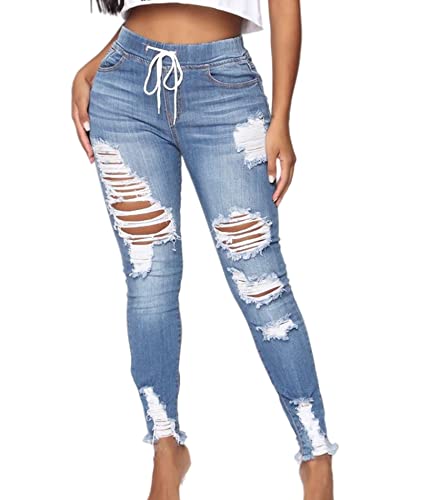 Sexyshine Women's High Waist Skinny Ripped Jeans Drawstring Elastic Waist Destroyed Stretch Denim Pants