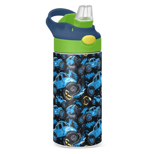 Boccsty Abstract Monster Trucks Kids Water Bottle with Straw Lid Tire Tracks Car Insulated Stainless Steel Reusable Tumbler for Boys Girls Toddlers 12 oz Green