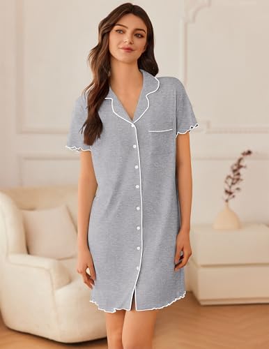 Image of Ekouaer Nightgowns for Women Button Down Sleep Shirt Short Sleeve NightShirts Boyfriend Sleepdress Soft Pajama Dress