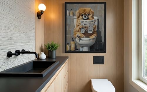 Image of Pekingese on Toilet Black Framed Wall Art Print Poster, Dog Bathroom Humor Decor Posters Prints for Restroom Home Picture Painting Artwork Gallery 7 (Pekingese, 20 inchL x 16 inchW, Black Frame)