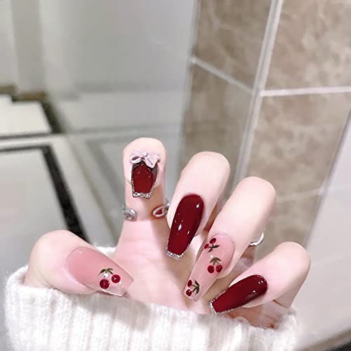 24Pcs Press on Nails Long,Cherry Coffin Fake Nails Pink Red Full Cover Acrylic Nails with Bow Charm Design False Nails Cute Press on Nails Nail Decorations for Women Girls
