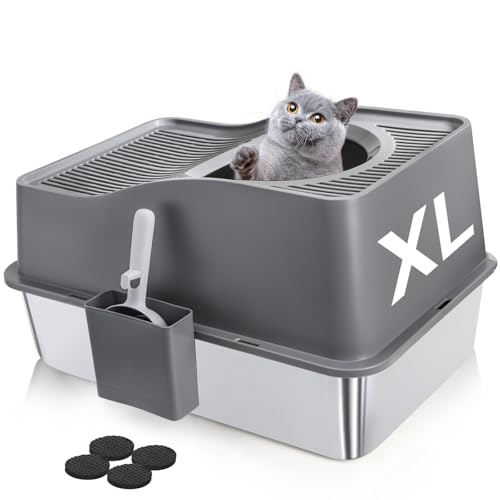 SOUJOY Stainless Steel Cat Litter Box with Lid Extra Large Top Entry Litter Boxes for Big Cats Enclosed Removable Metal Litter Box with Scoop and High Wall Anti-Leakage Easy Cleaning