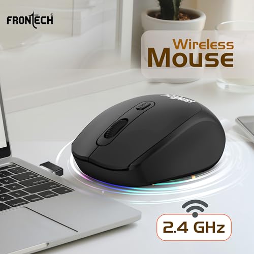 Image of FRONTECH MS-0074 Wireless Mouse, 2.4GHz with USB Receiver, High Precision Optical Tracking, 4 Buttons, Plug & Play, Ergonomic Design for PC /Mac /Laptop (Black)