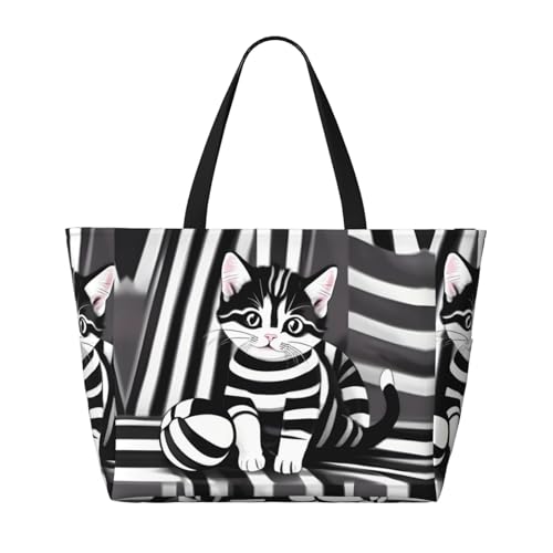 Black and white striped kitten Large Capacity Beach Travel Bag, Foldable Beach Bag with Zipper, Great for Grocery Bag Pool Gym Travel Shopping2