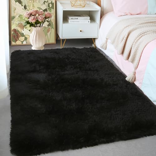 3x5 Black Fluffy Shag Rug for Bedroom, Plush Washable Carpet