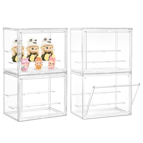 Image of LXLXXL Small Acrylic Display Case for Collectibles 3 Layer Adjustable Display Case with Magnetic Door Clear Stackable Display Box for Mini Figures, 4 Pack