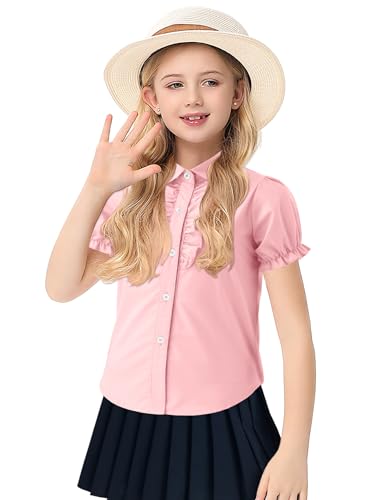 Image of Girls Short Sleeve Button Down Shirts Ruffle School Uniform Crop Tops Peter Pan Collar Plaid Blouse 4-13Y