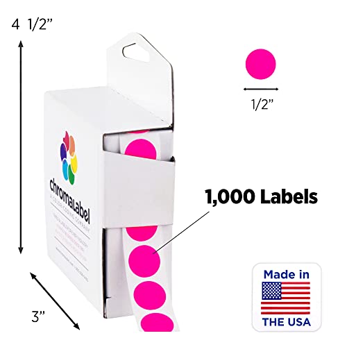 Chromalabel 0.50 Inch Round Label Permanent Color Code Dot Stickers, 1000 Labels Per Dispenser Box, Fluorescent Pink #TOP1