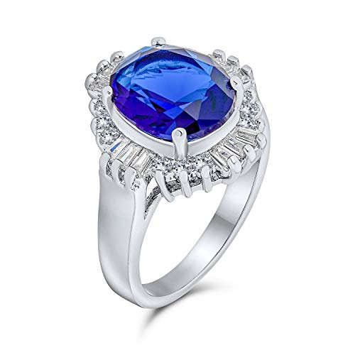 Personalize Vintage Art Deco Style Cocktail Ring With Large Oval Solitaire AAA CZ Baguette Halo Simulated Sapphire Blue Green - 5-15 CTW Customizable2