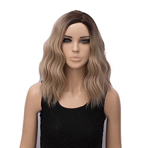 netgo Ombre Blonde Wigs for Women Short Wavy-Synthetic Wig Heat Resistant Ombre Bob Wig with Dark Roots