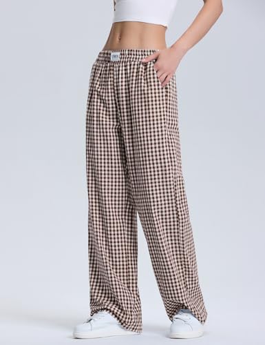 LOMON Women's Striped Gingham Boxer Pants Cotton Pajama Lounge Pj Casual Plaid Trousers Y2K Beach Bottoms with Pockets2