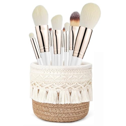 Porte-Pinceaux de Maquillage, Mini Panier Rangement 10 x 10 cm, Paniers avec Décor Bohème, Organisateur pour Stylos, Crayons, Pinceaux (Blanc+Kaki)