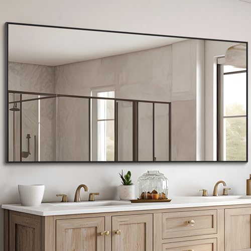 Image of DESBING Black Bathroom Mirror for Wall, 30x55 Inch Rectangle Mirrors with Metal Frame, Modern Vanity Wall Mirror Decor for Entryway Hangs, Bathroom Living Room Horizontal or Vertical