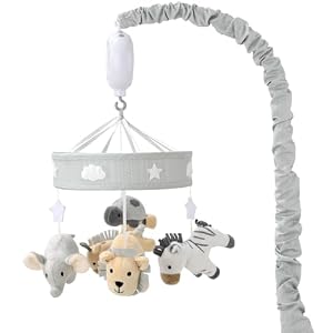 The Peanutshell Crib Mobile for Boys or Girls – Grey Musical Baby Crib Mobile with 12 Lullabies, Lion, Elephant, Zebra, Safari Plush Toys Hanging, Infant Baby Mobile Crib, Safari Nursery Decor