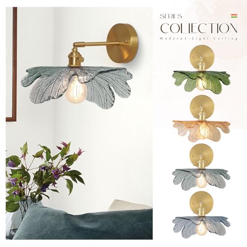 Image of Vintage Sconce Over Mirror Mid Century Modern Wall Sconce Light Fixture Gold Bathroom Vanity Lights with Dark Green Flower Glass Shade 90 Degree Adjustable Hardwired Wall Lighting