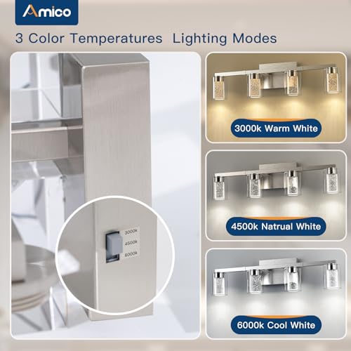 Image of Amico Bathroom Vanity Lights, 4 Lights Brushed Nickel Bathroom Lighting Fixtures with 3CCT Adjustable, Modern Wall Light Over Mirror with Crystal Bubble Glass Shade